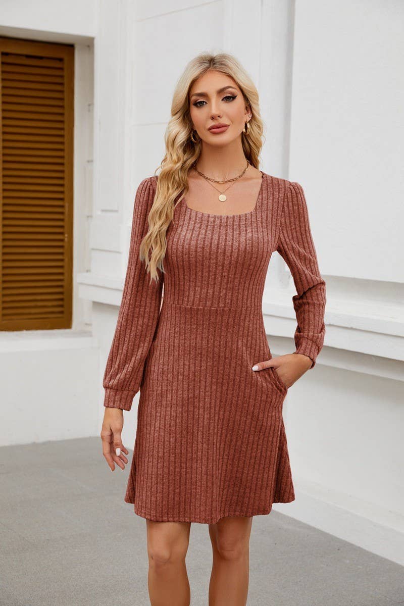 CWDSD8812_SQUARE NECK POCKET KNIT LONG SLEEVE CASUAL DRESS