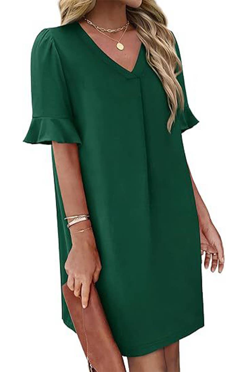 CWDSD8811_V-NECK TRUMPET SLEEVES POCKET SHORT SLEEVE DRESS