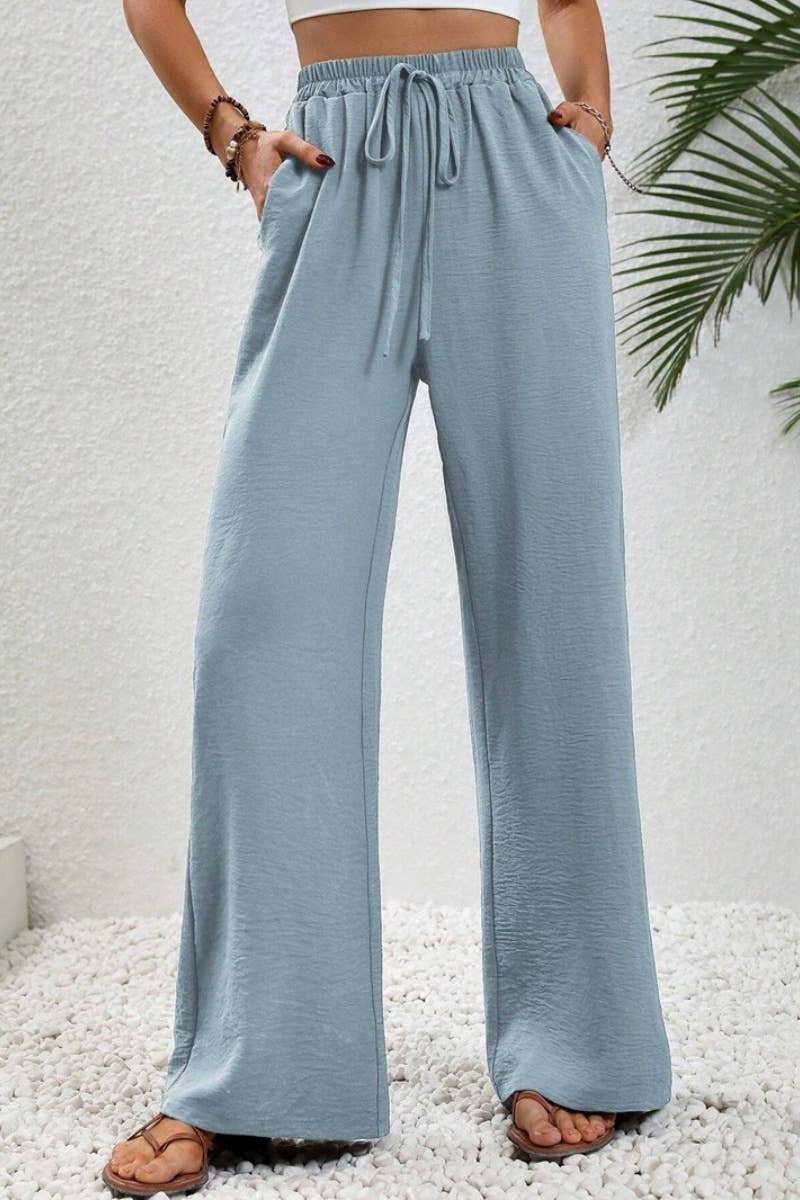 CWBMP0139_SUMMER CASUAL SOLID COLOR LACE-UP WIDE-LEG PANTS