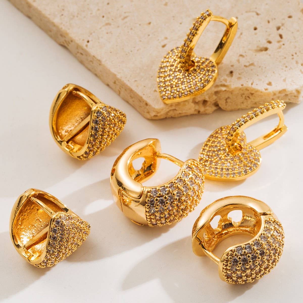 Heart Geometric CZ Copper-Plated Stud Earrings