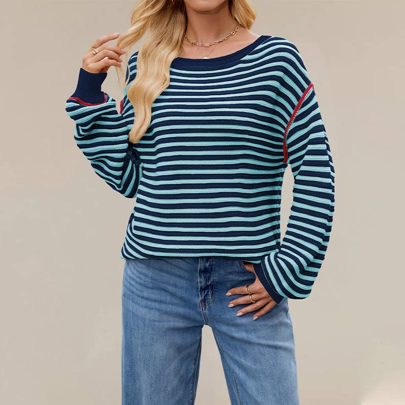 Striped knitted round-neck long-sleeved sweater