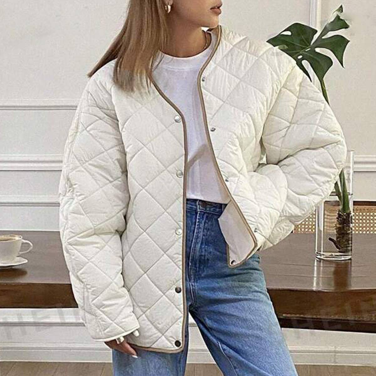 ARGYLE PATTERN CONTRASTING DRAWSTRING PADDED COAT