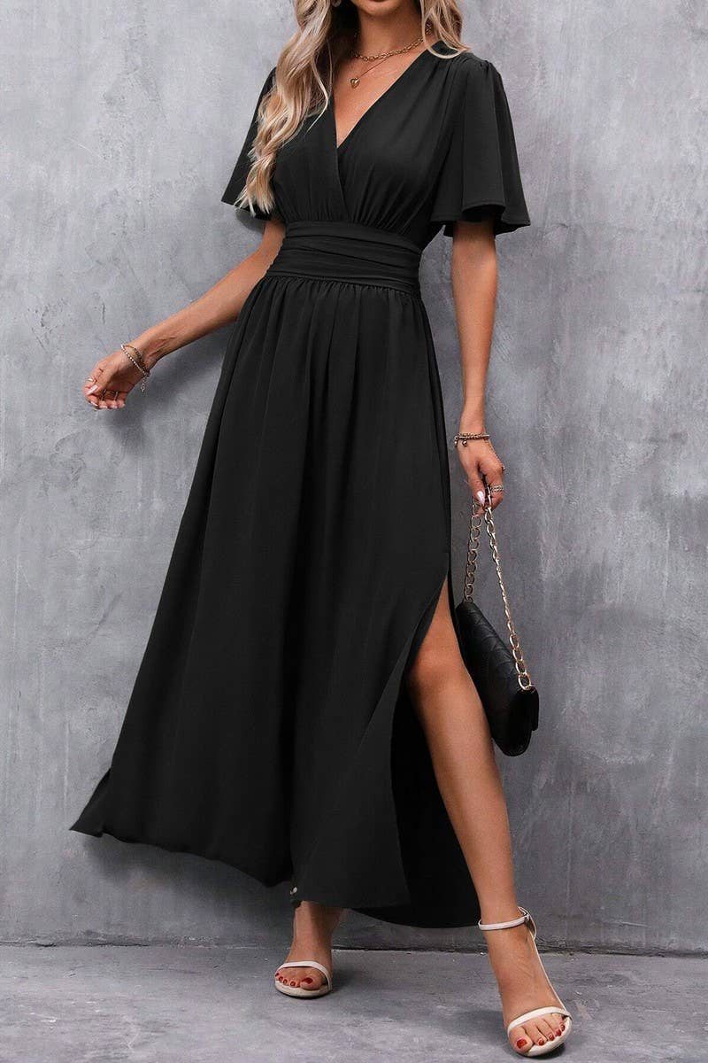 CWDMD4647_SOLID COLOR FLYING SLEEVES HIGH SLIT DRESS