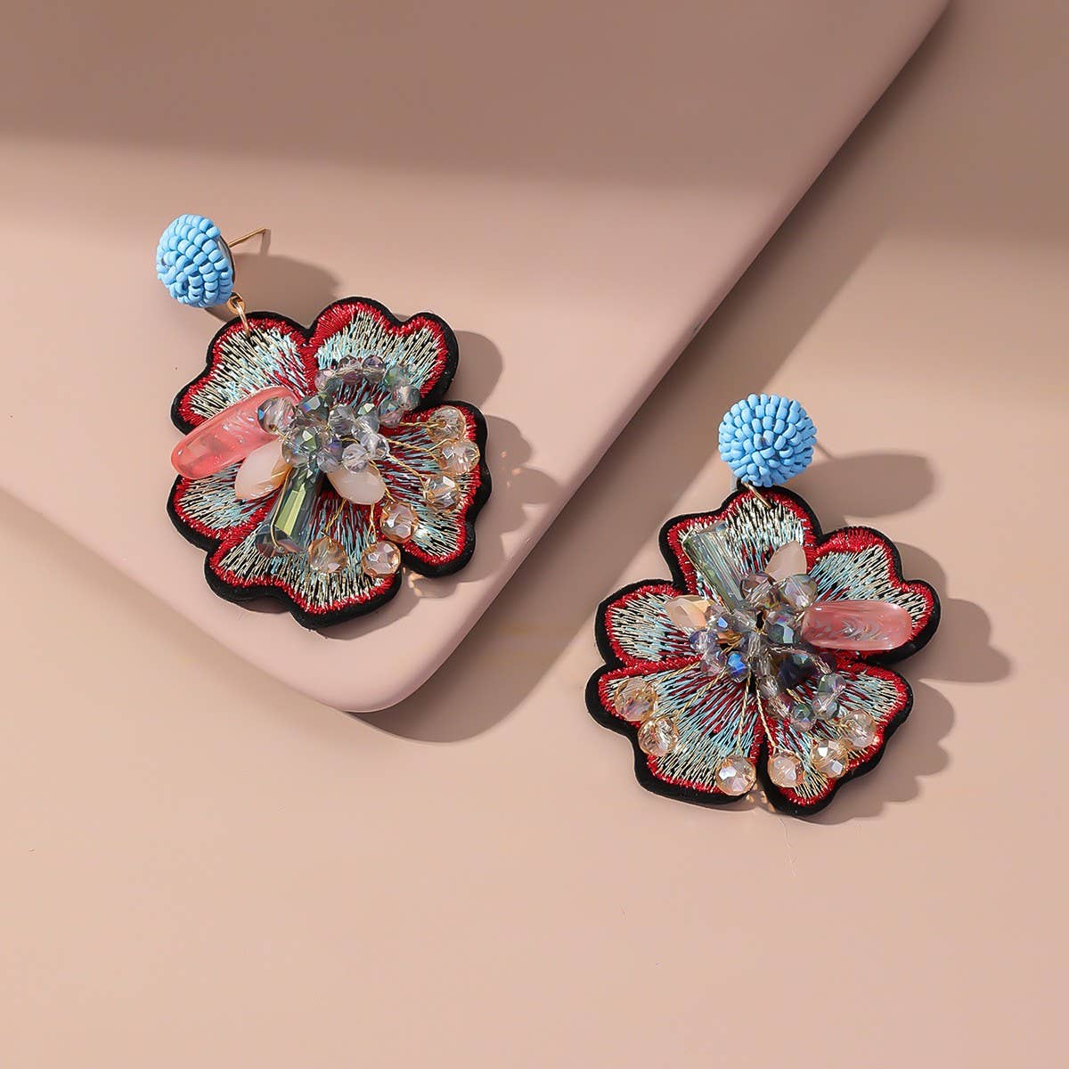 Embroidered Crystal Flower Earrings