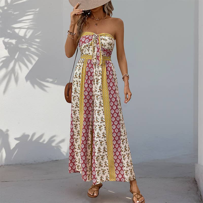 High waist boho tie waist wide leg pants