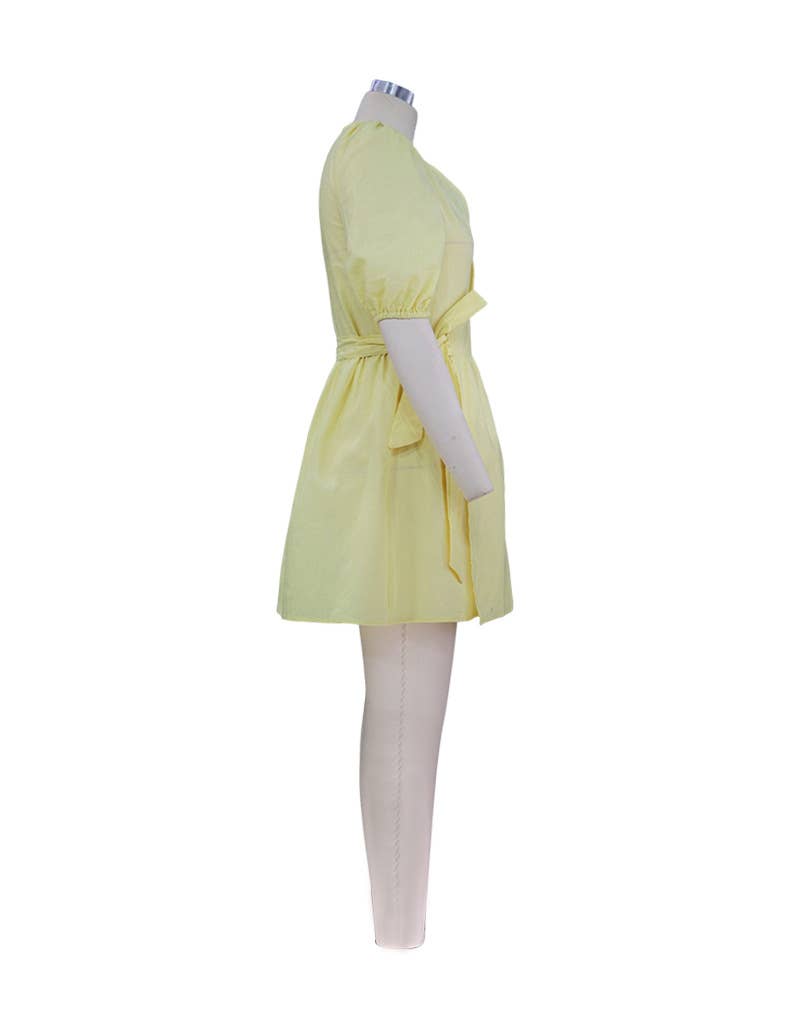 V-NECK PUFFED SLEEVE COTTON LINEN DRESS