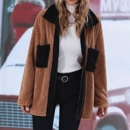 Lapel long sleeve color matching fleece jacket