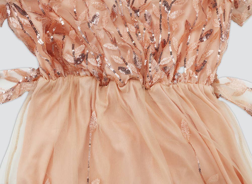 Embroidered Metallic Mesh V-Neck Midi Dress