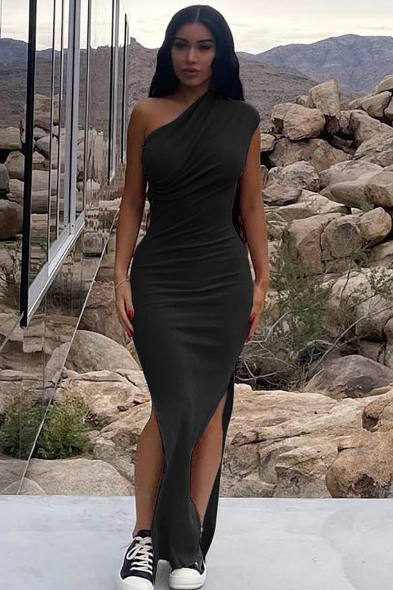 CWDMD4863_SOLID COLOR ONE SHOULDER SLIT SLIM MAXI SKIRT