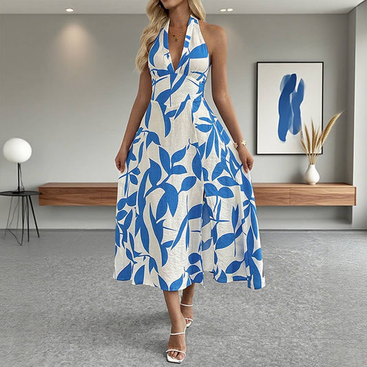 Plant print vacation-style halter-neck dress