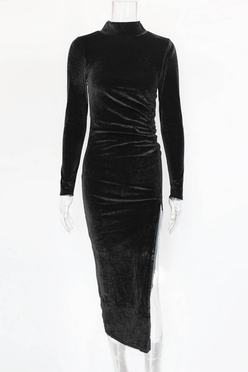 CWDMD4904_HIGH NECK LONG SLEEVE PLEATED SLIT DRESS
