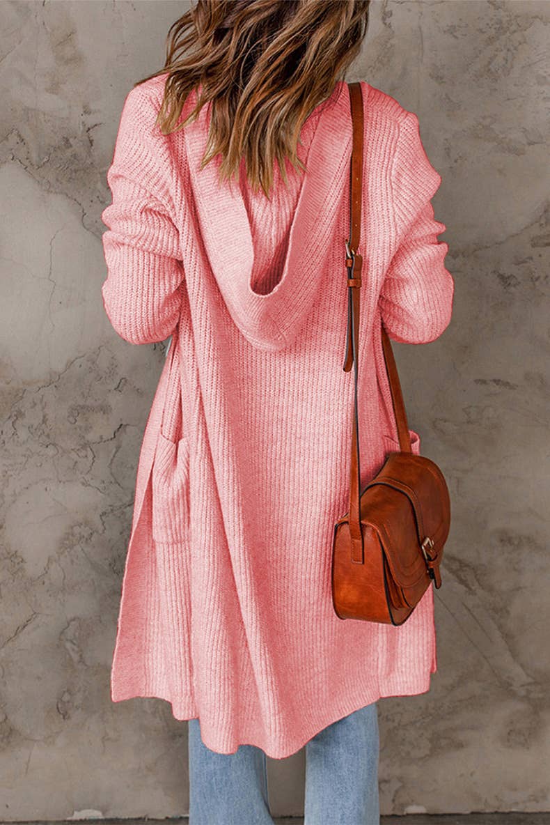 Solid-color hooded long knitted coat