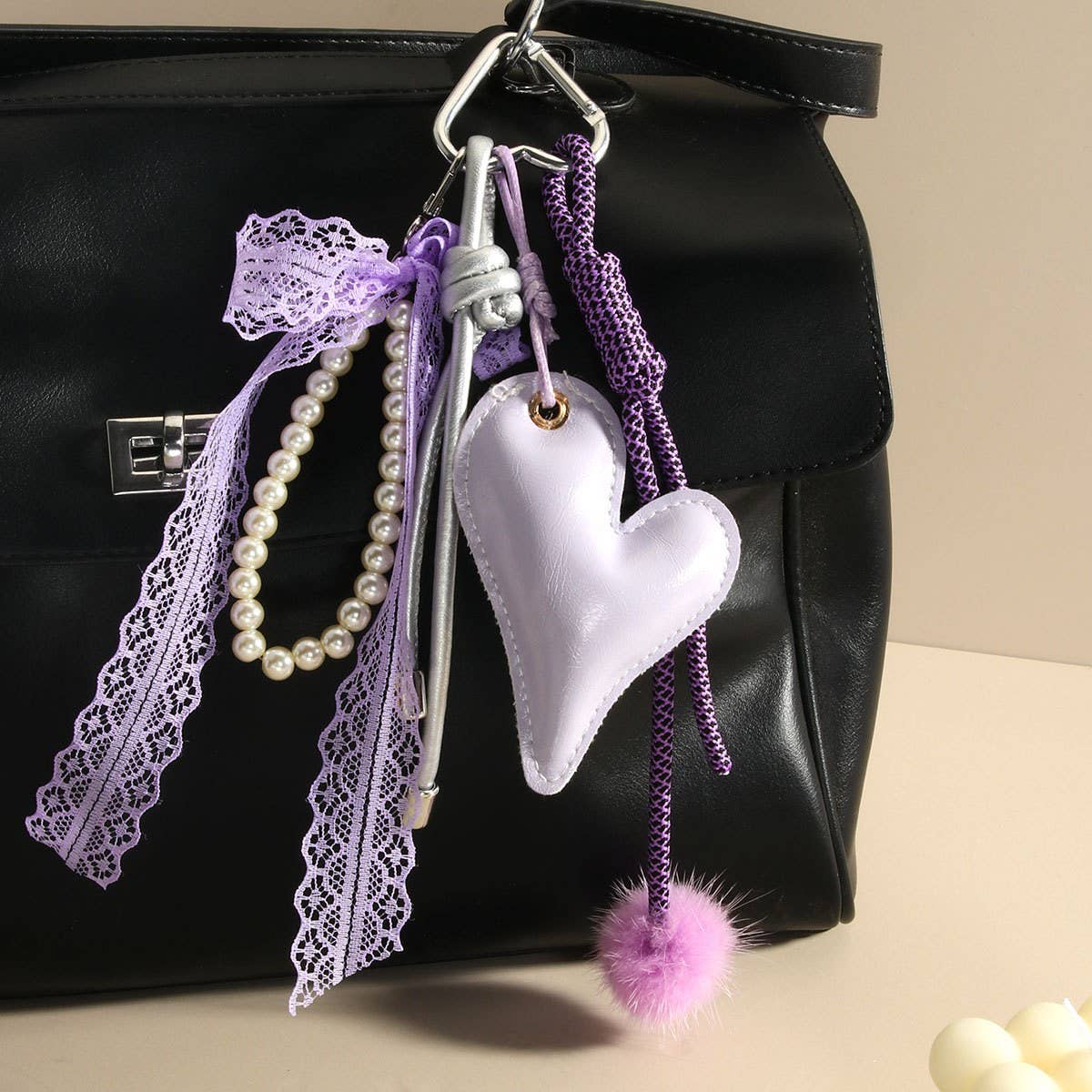 Elegant Purple Heart Bow Pearl Keychain