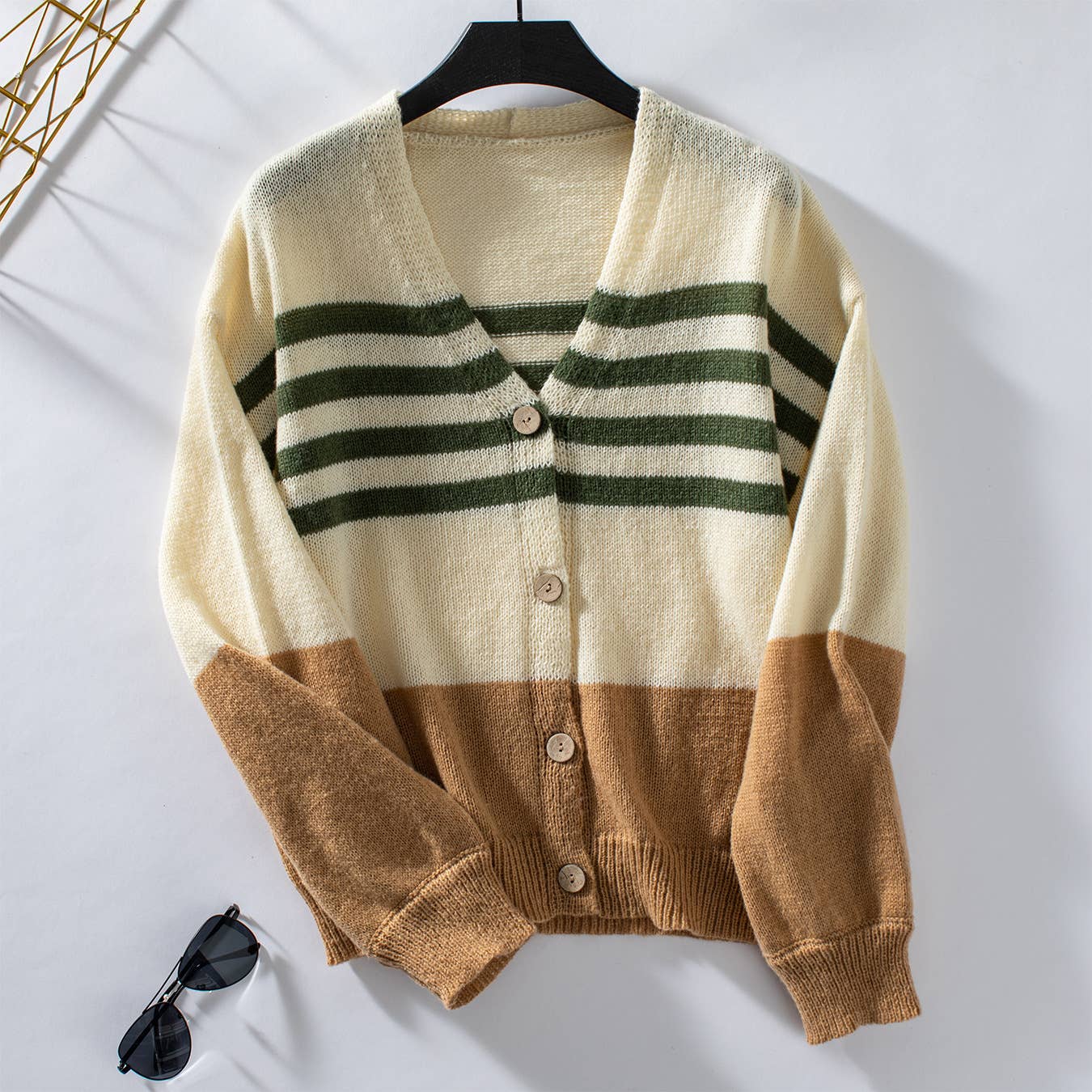 Striped button knit cardigan in contrasting colors
