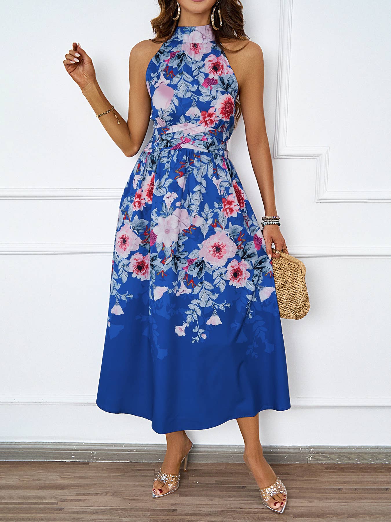FASHION HALTER PRINT WAIST SLIMMING DRESS