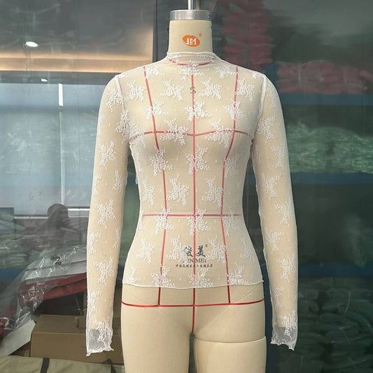 SEMI SHEER MESH LACE TOP BOTTOMING SHIRT