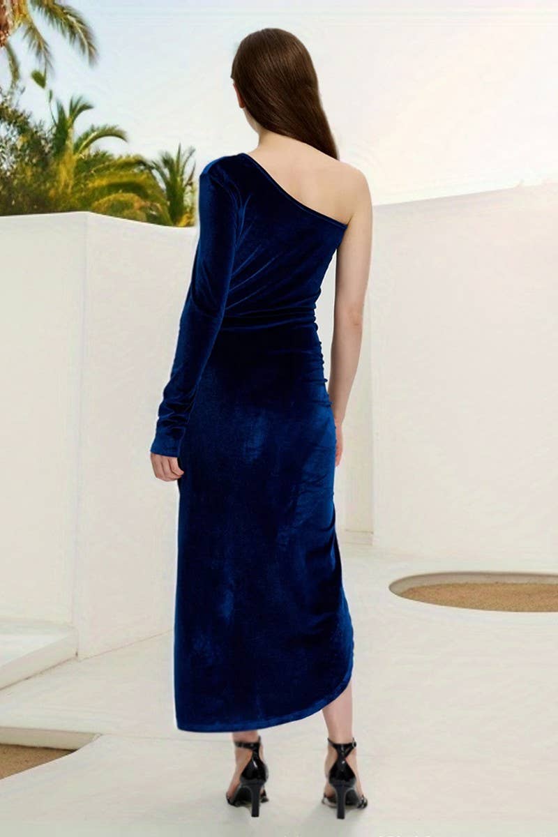 CWDMD4696_2024 NEW SLIT DRESS SEXY SLIM ONE SHOULDER DRESS