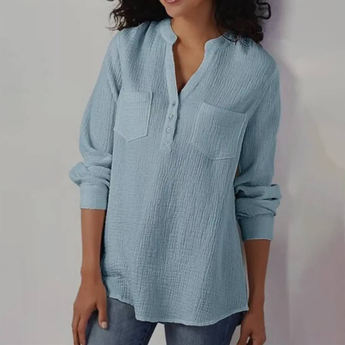 SOLID COLOR V NECK POCKET LOOSE STYLISH SHIRT_CWTSTL1138