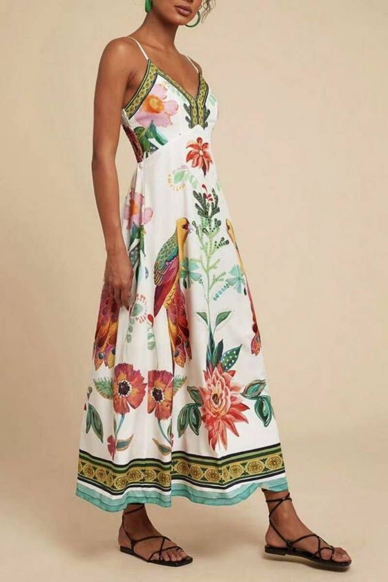 CWDMD5841_V-NECK FLORAL BOHO STRAPPY VACATION DRESS