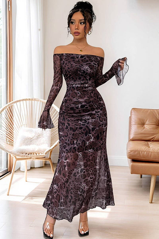 CWDMD6282_OFF-SHOULDER MESH LEOPARD PRINT LONG SLEEVE DRESS