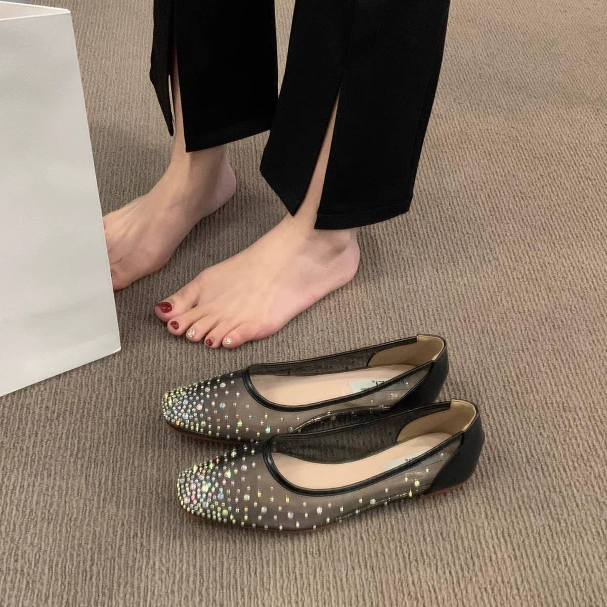 Flat Square Toe Rhinestone Breathable Fairy Flats