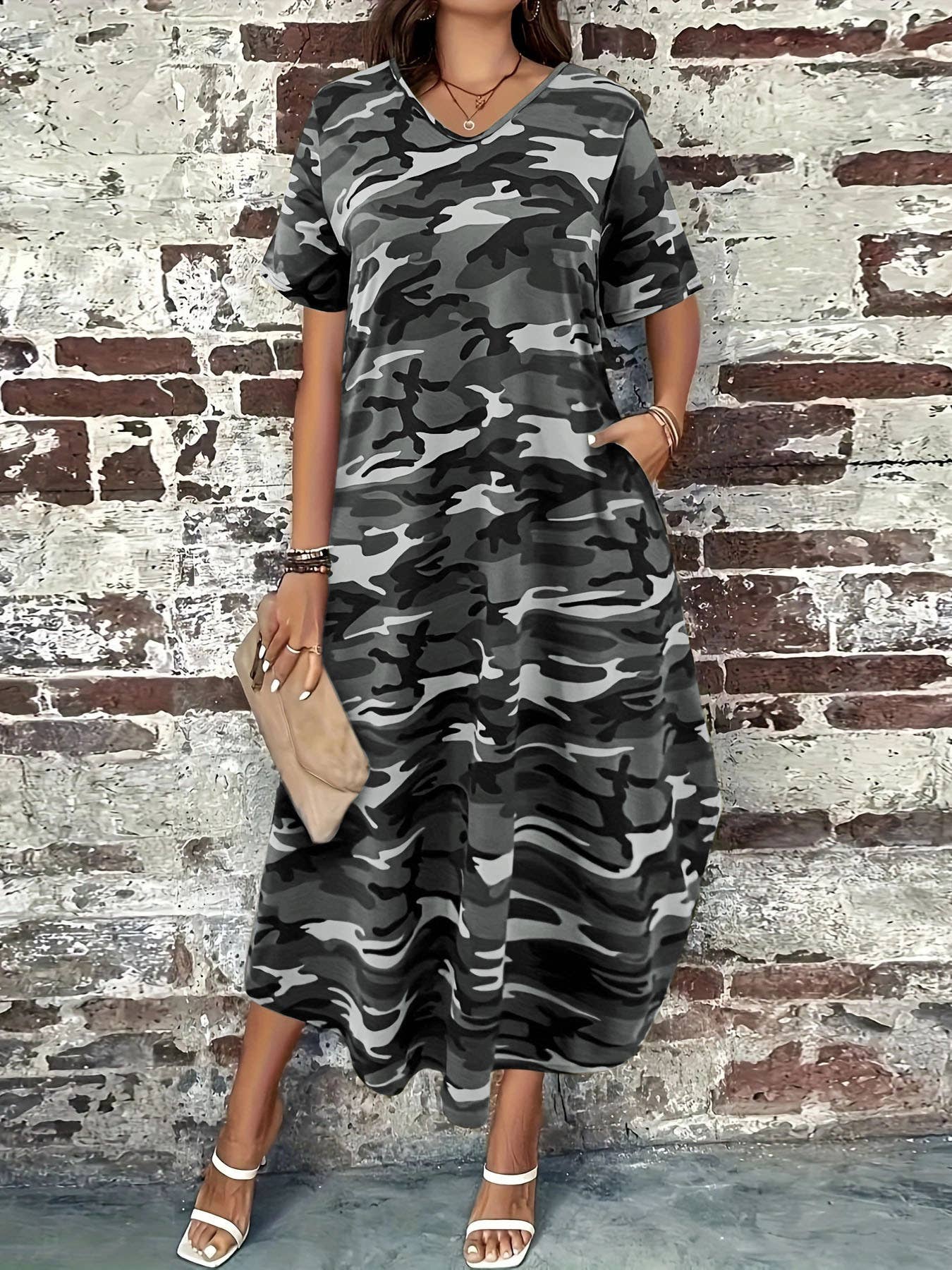 Long loose camouflage printed dress