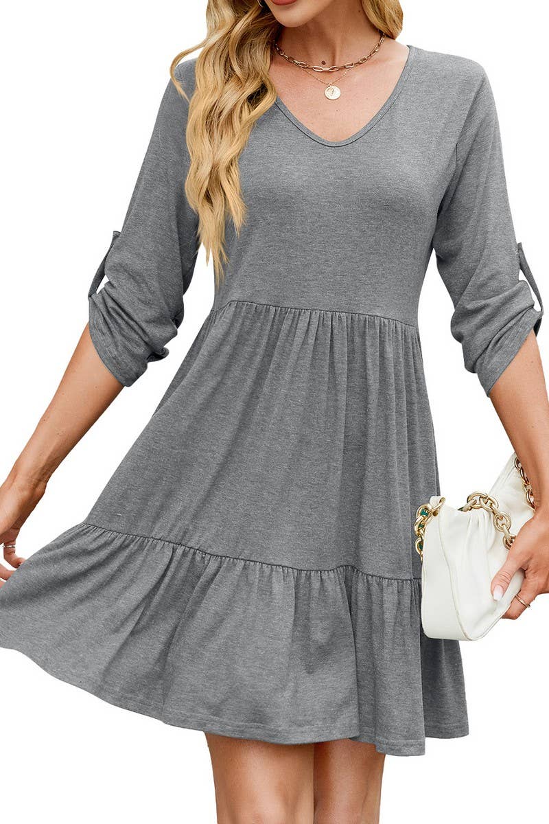 CWDSD8726_SOLID V-NECK BUTTON CASUAL DRESS