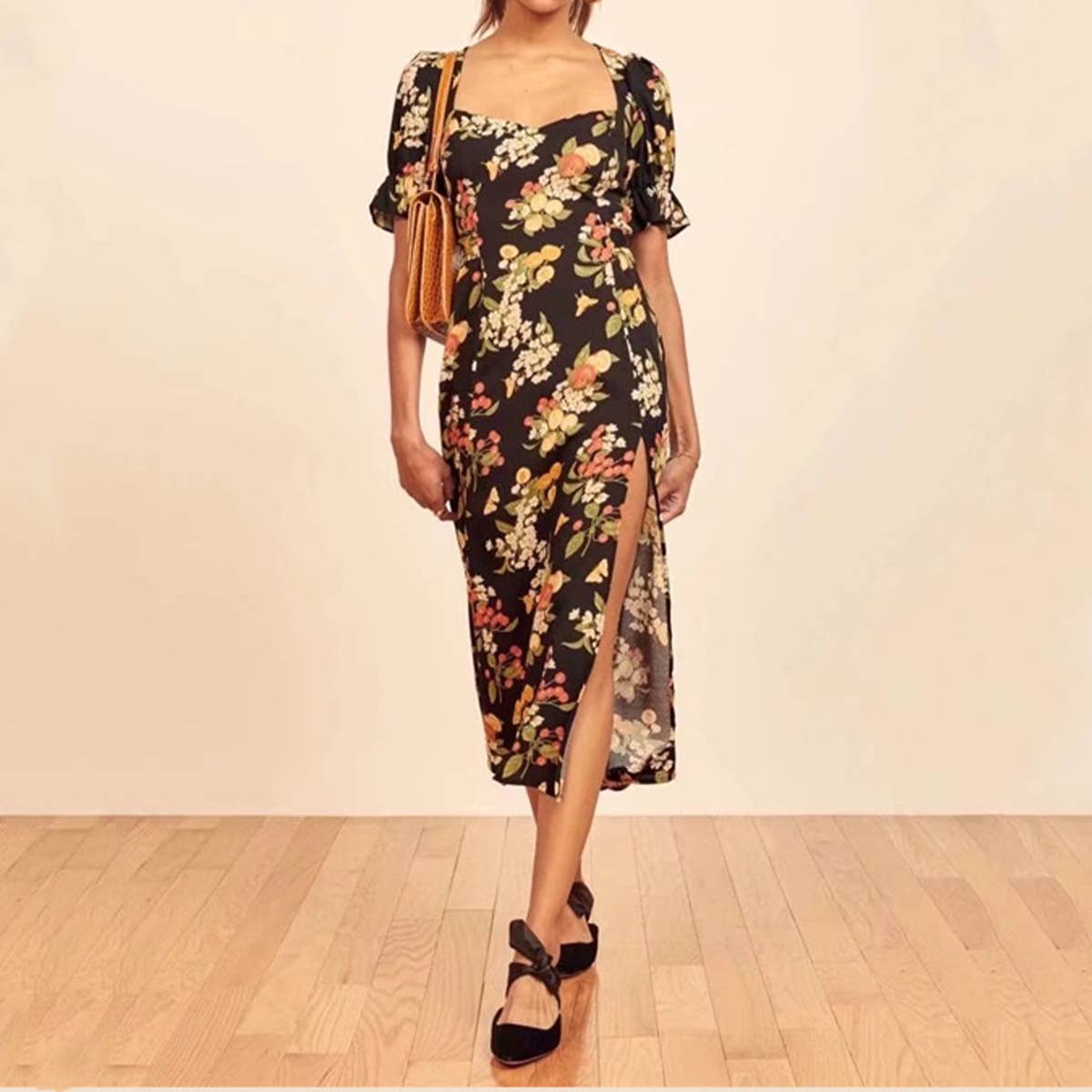 PUFFED SLEEVE V-NECK SQUARE COLLAR SLIT DRESS