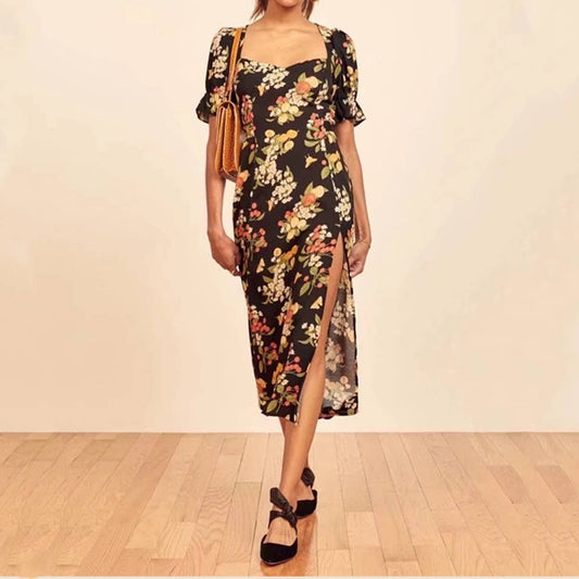 PUFFED SLEEVE V-NECK SQUARE COLLAR SLIT DRESS