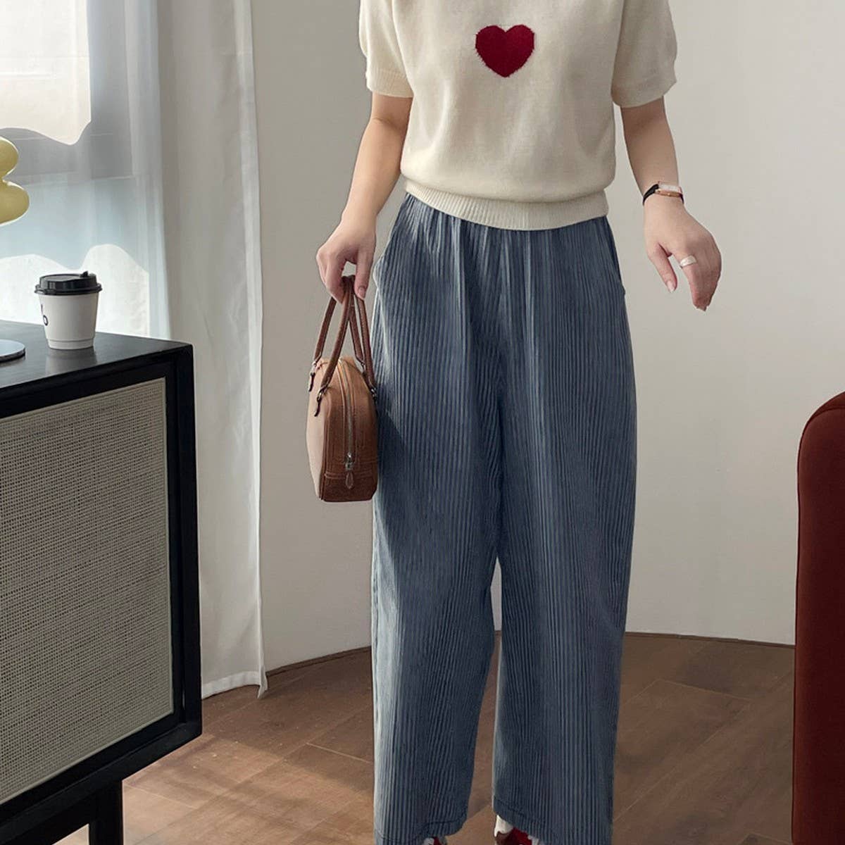 Vertical stripes soft slimming wide-leg jeans