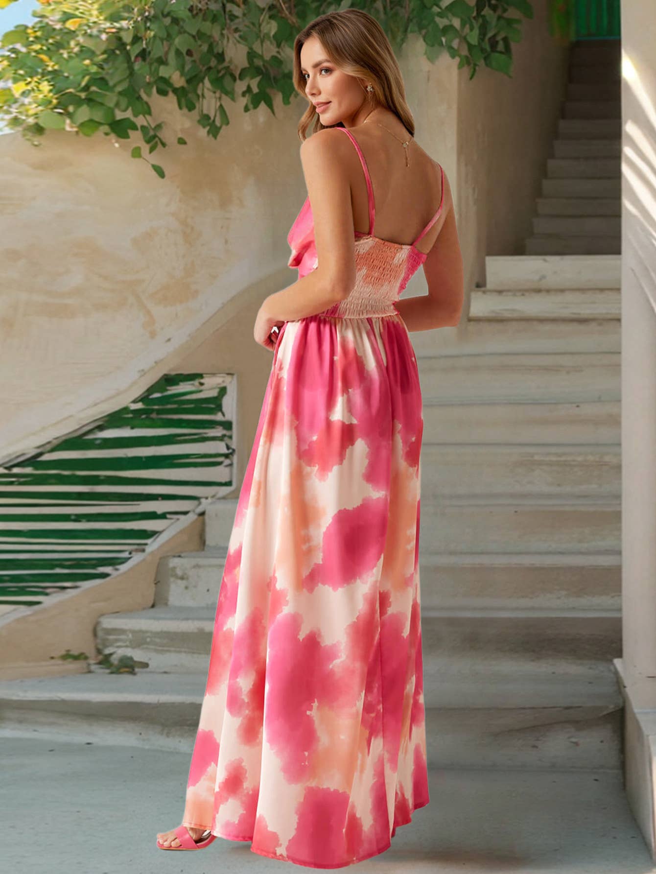 Waist-Cinched Bohemian V-Neck Print Maxi Dress