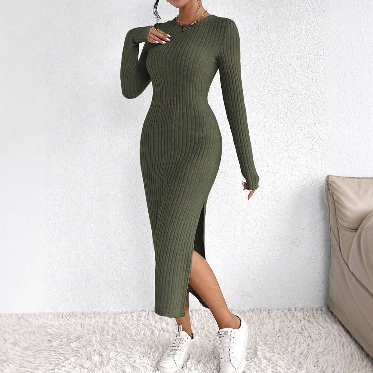 LONG SLIM-FIT KNITTED SLIT LONG-SLEEVED DRESS