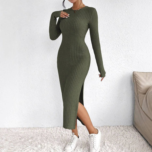 LONG SLIM-FIT KNITTED SLIT LONG-SLEEVED DRESS
