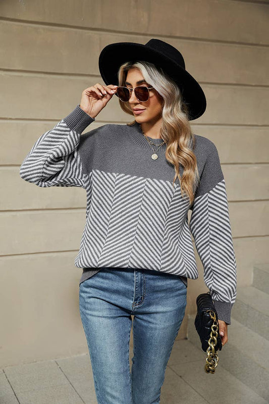 SLOUCHY STRIPED CASUAL LONG-SLEEVED KNIT SWEATER