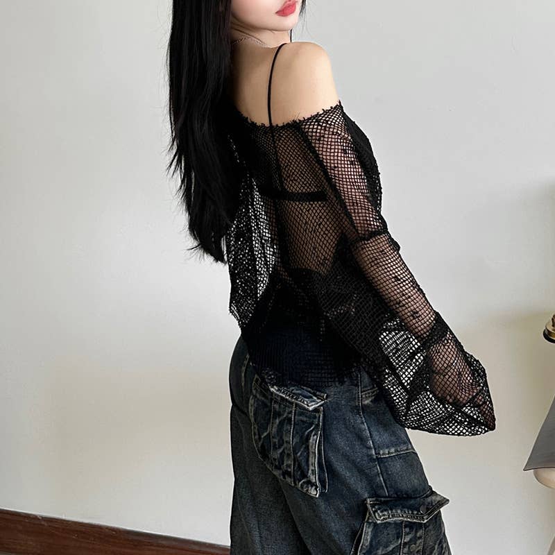 Sheer One Shoulder Mesh Long Sleeve Top