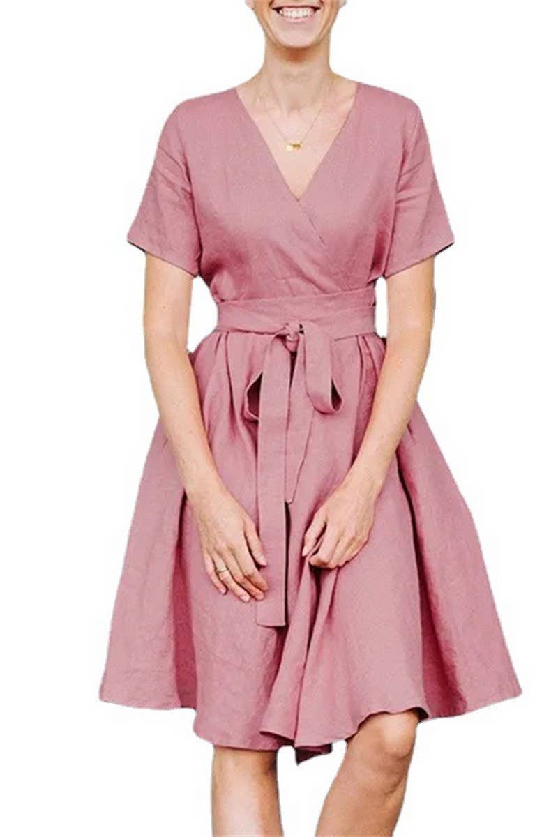 CWDSD5499_V-NECK BELT SHORT-SLEEVED COTTON AND LINEN DRESS