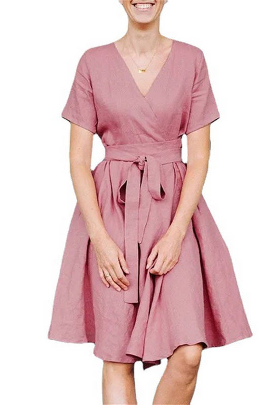 CWDSD5499_V-NECK BELT SHORT-SLEEVED COTTON AND LINEN DRESS