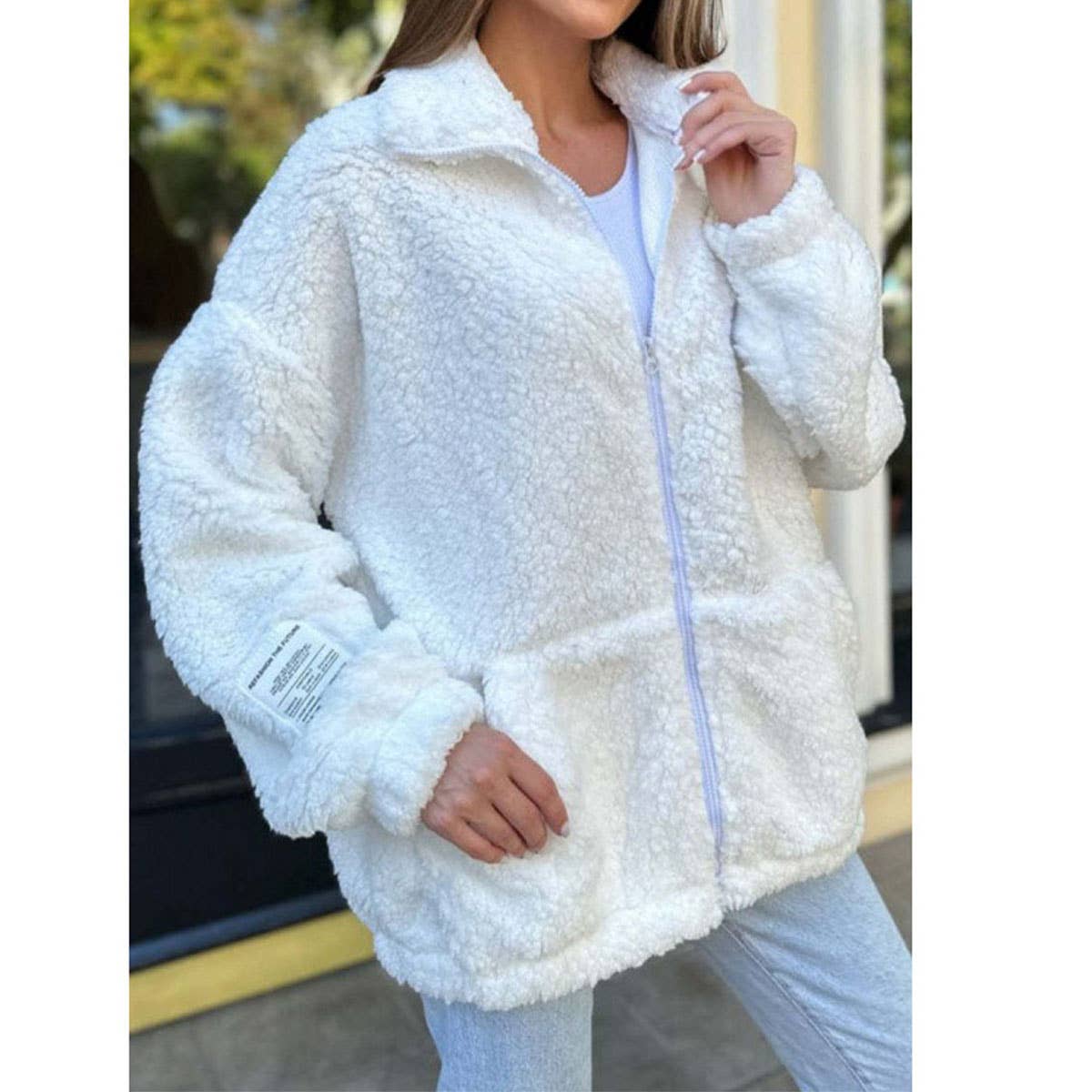 SOLID COLOR LAPEL ZIPPER FLEECE CARDIGAN COAT