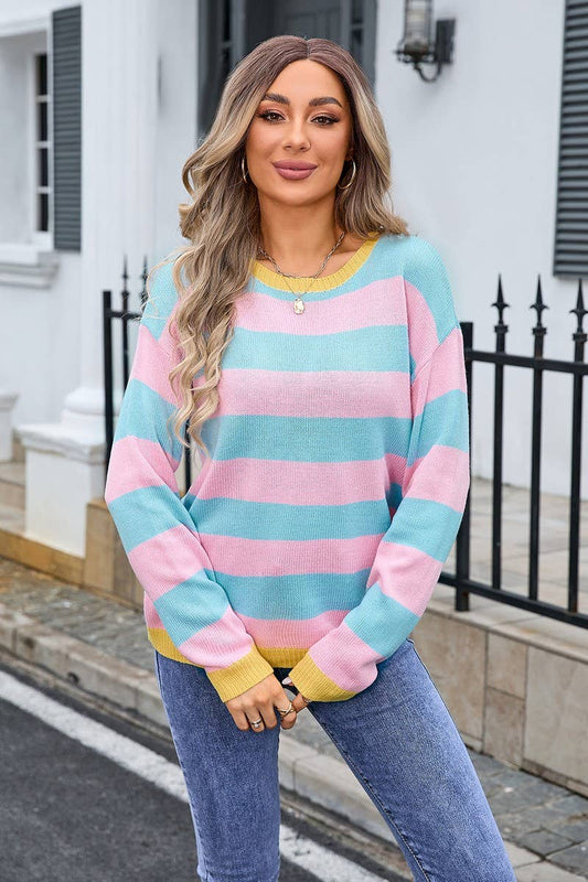 Cwoswl3111_Striped Contrast Long-Sleeved Knitted Pullover