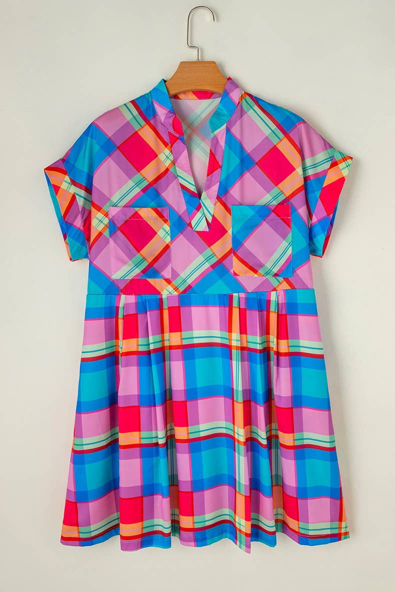 LOOSE COLORED PLAID SHORT-SLEEVED DRESS