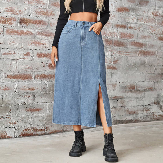 Denim wash elastic waist long slit straight skirt