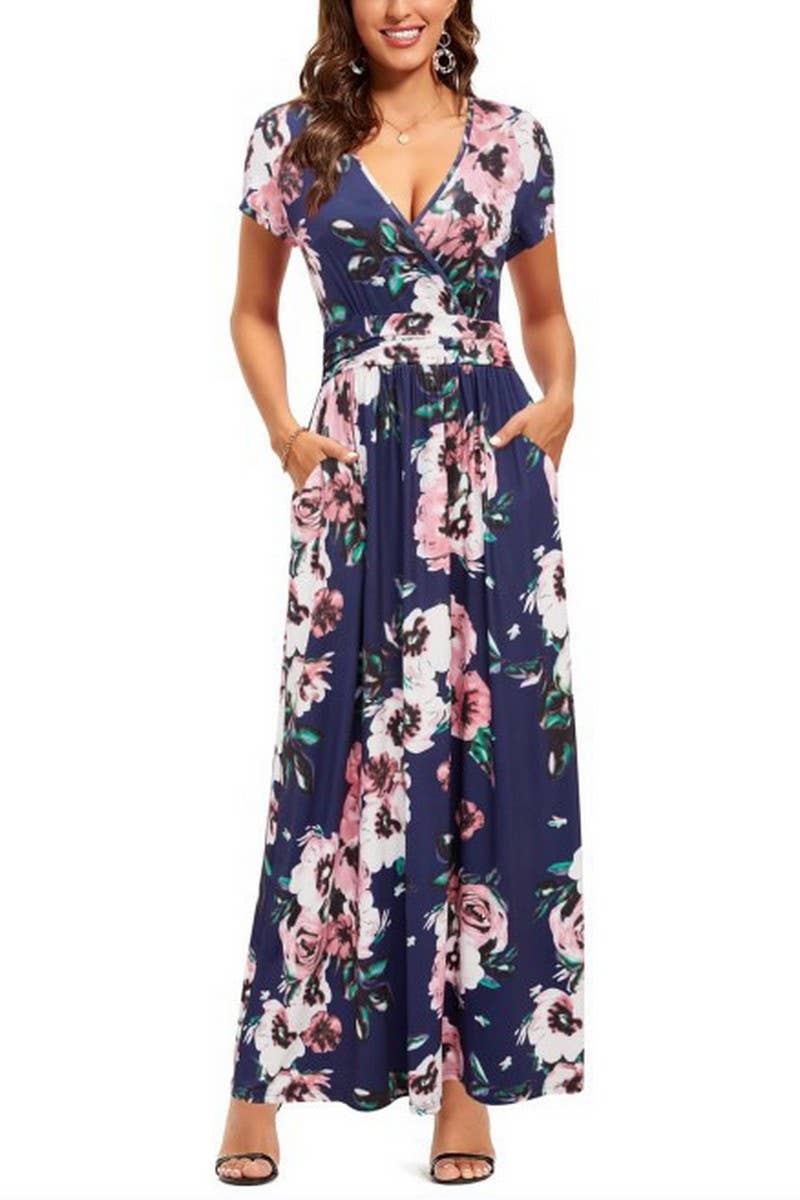 CWDMD01025_PRINTED V-NECK SHORT-SLEEVED POCKET DRESS