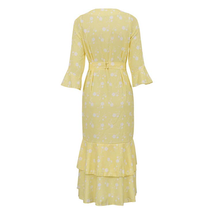 ASYMMETRICAL DESIGN V-NECK FLARED SLEEVE DRESS_CWDMD01096