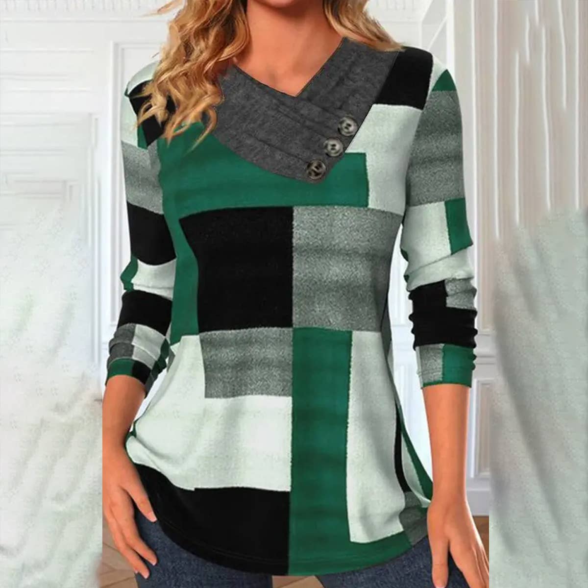 WOMEN KNITTED PLAID BLOUSE_CWTBLL0363