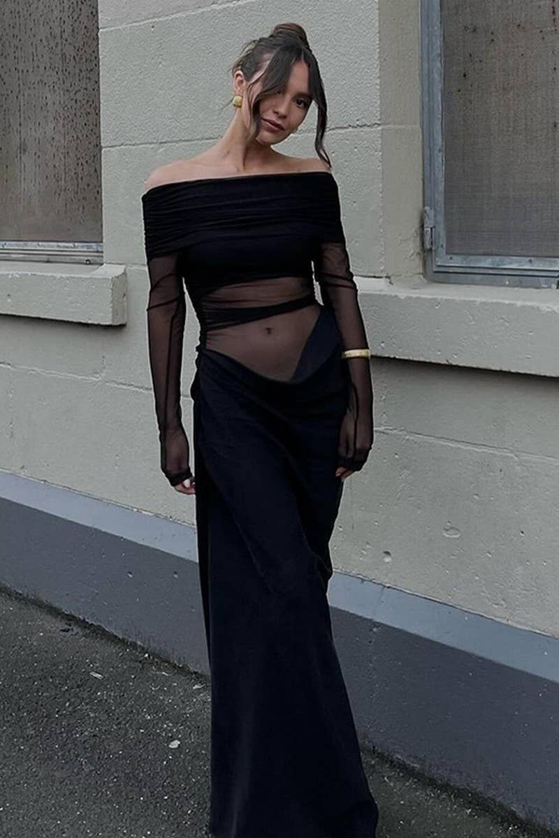 CWDMD4232_SOLID COLOR ONE SHOULDER MESH HOLLOW DRESS