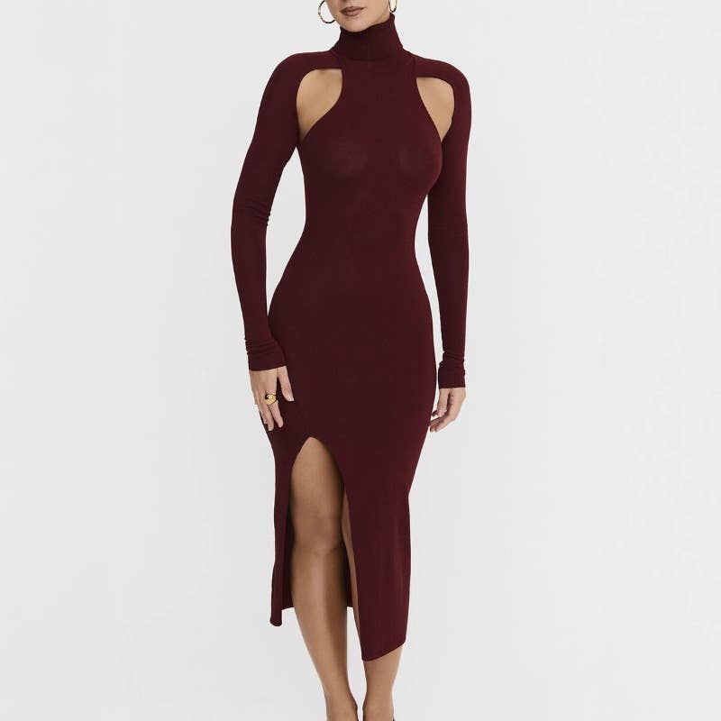 SEXY CUTOUT SLIM HIGH NECK SLIT MIDLENGTH DRESS