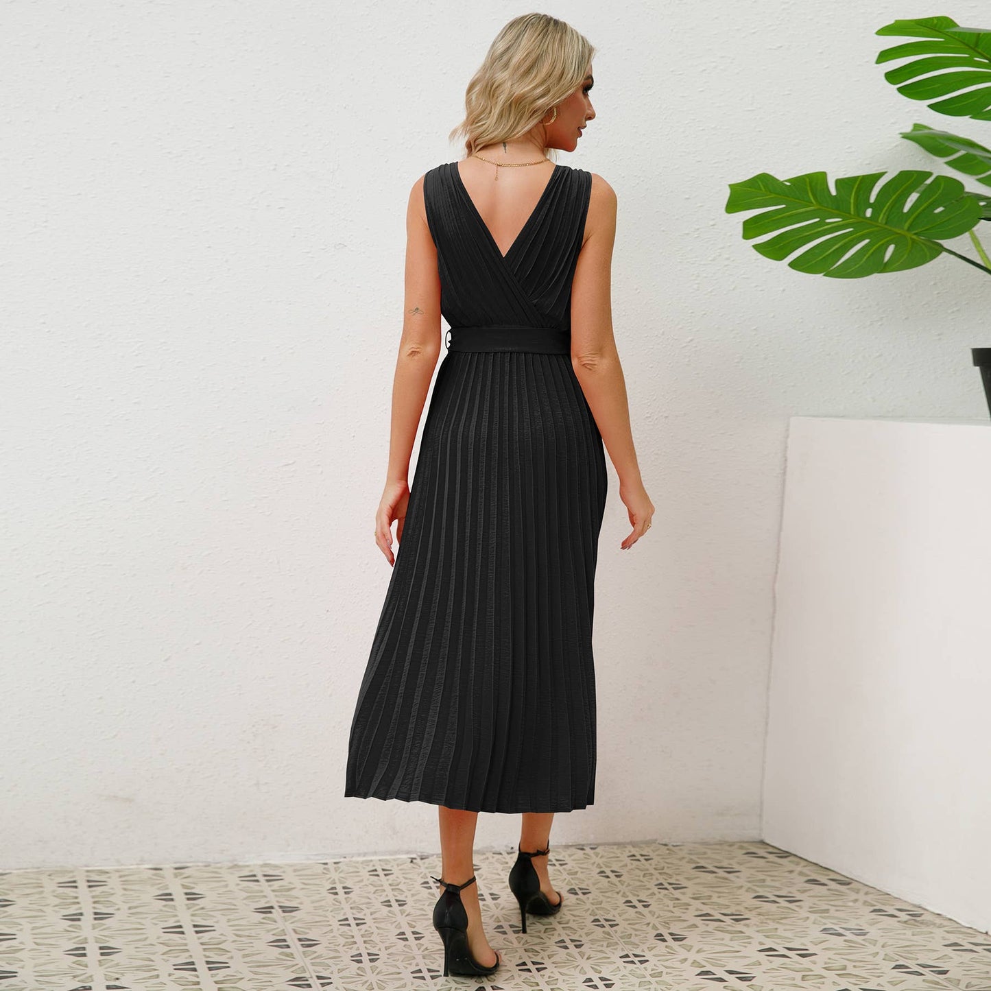 V-Neck Pleated Belted Bodycon Midi Dress
