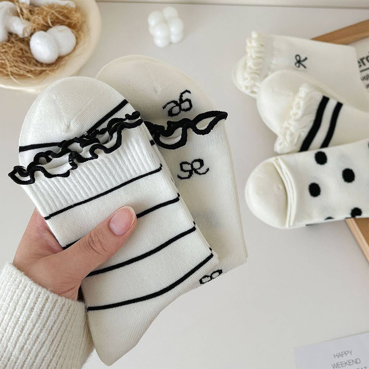 Cute Dots, Stripes,Bow Ruffle White Crew Socks