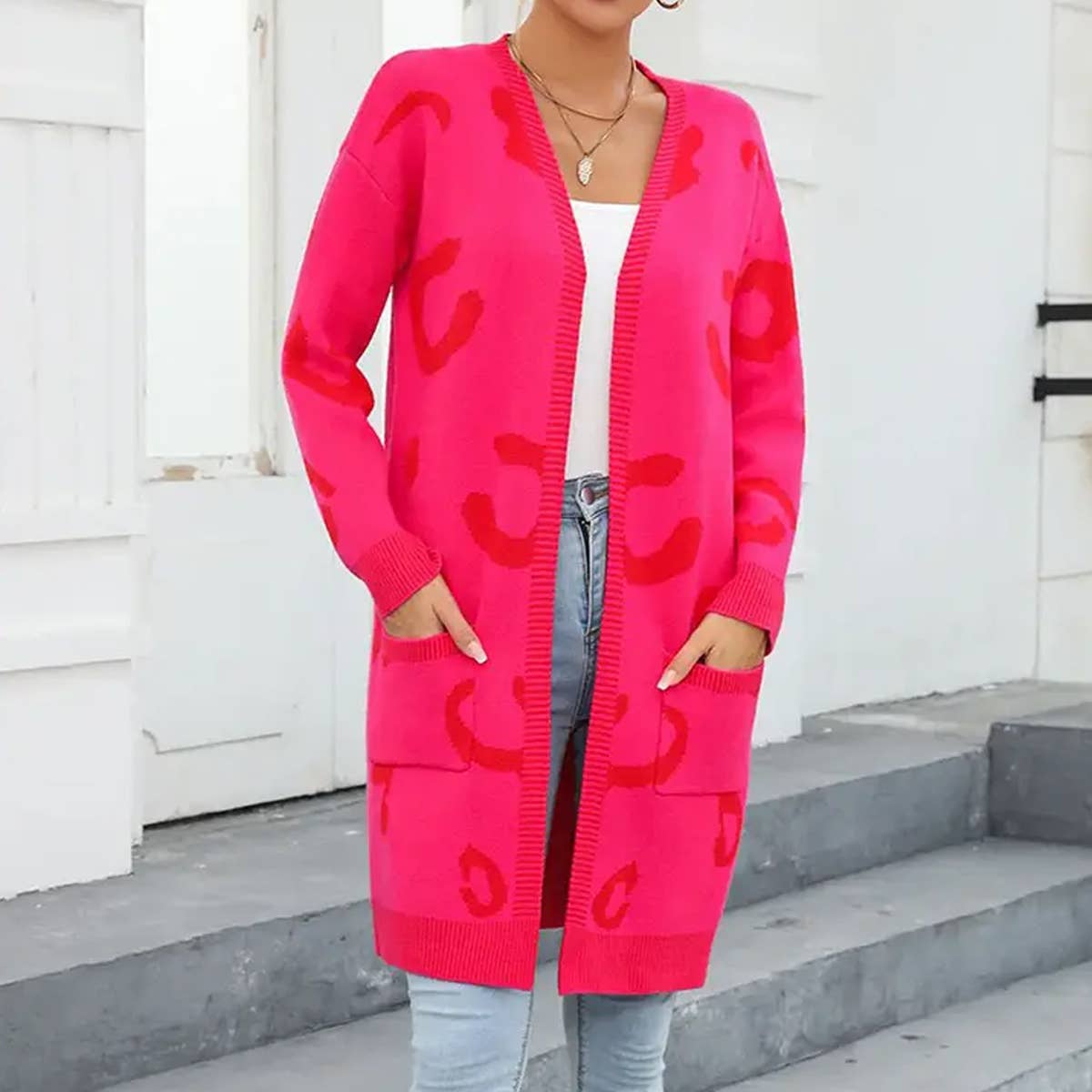 Leopard print jacquard long cardigan without button