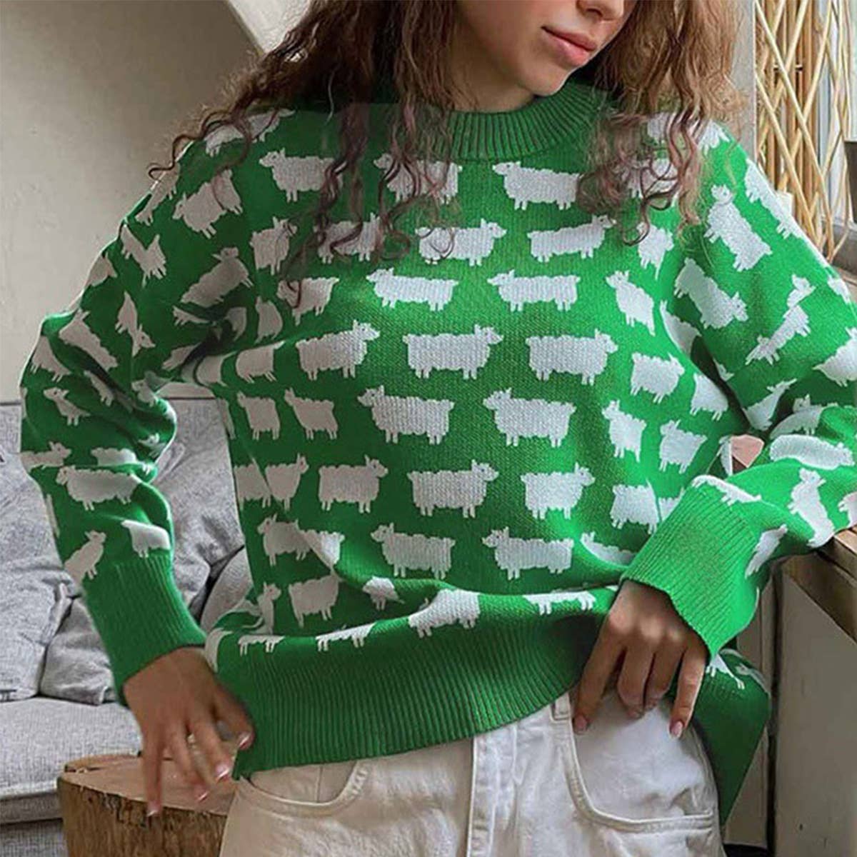 SHEEP PRINT LOOSE CASUAL PULLOVER SWEATER